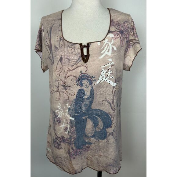 One World Womens Geisha Bohemian Rhinestone Short Sleeve Shirt Top XL - Picture 1 of 4